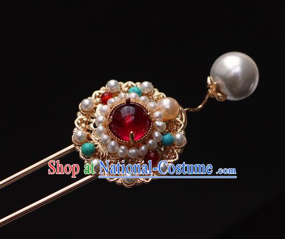 China Ancient Empress Golden Peony Hairpin Traditional Ming Dynasty Noble Woman Pearls Hair Stick