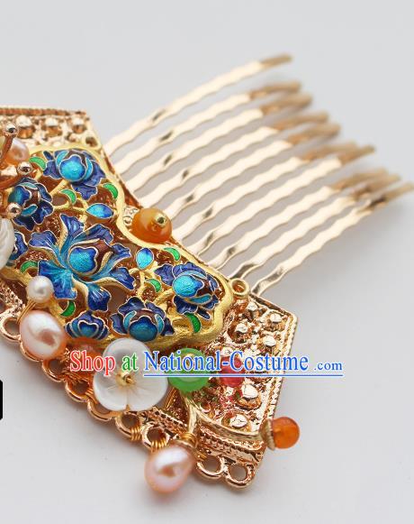 China Ancient Princess Golden Hairpin Traditional Tang Dynasty Court Lady Blueing Hair Comb