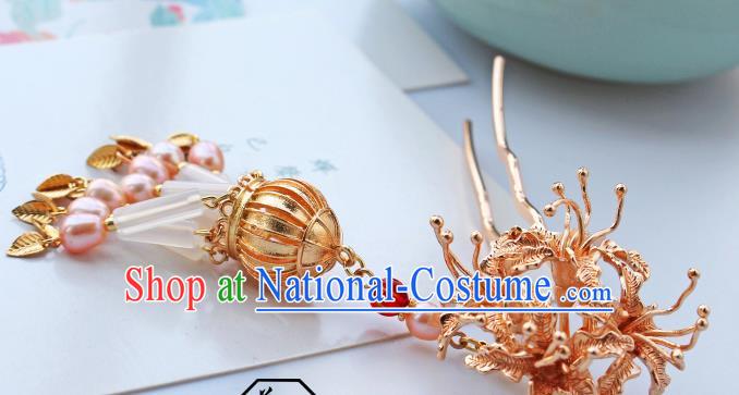 China Ancient Princess Golden Manjusaka Hairpin Traditional Tang Dynasty Wedding Pearls Tassel Hair Stick