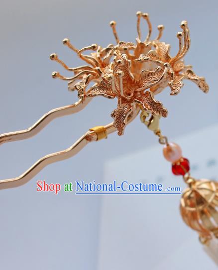 China Ancient Princess Golden Manjusaka Hairpin Traditional Tang Dynasty Wedding Pearls Tassel Hair Stick