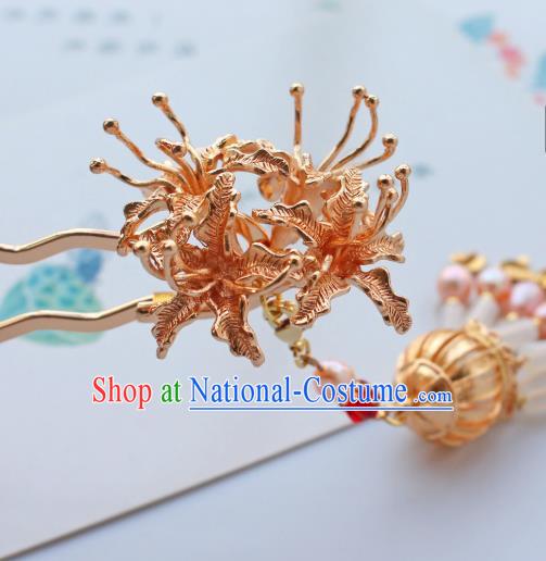 China Ancient Princess Golden Manjusaka Hairpin Traditional Tang Dynasty Wedding Pearls Tassel Hair Stick