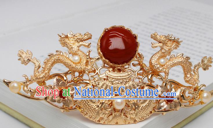 Chinese Traditional Ming Dynasty Emperor Hair Accessories Ancient King Golden Dragon Hairdo Crown