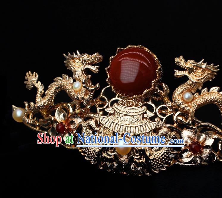 Chinese Traditional Ming Dynasty Emperor Hair Accessories Ancient King Golden Dragon Hairdo Crown