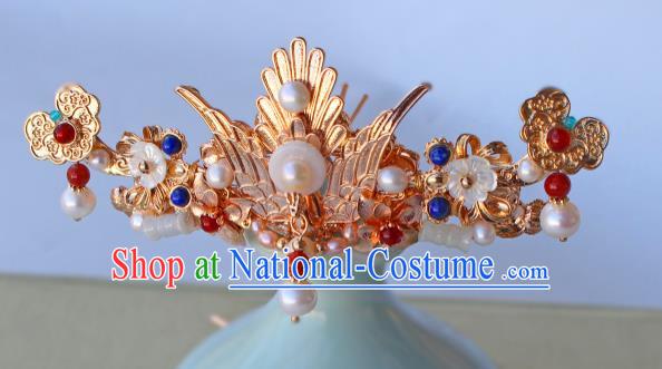 China Ancient Court Woman Golden Phoenix Hairpin Traditional Ming Dynasty Empress Pearls Hair Crown