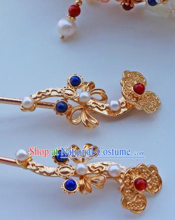 China Ancient Empress Golden Hairpin Traditional Ming Dynasty Palace Woman Gems Hair Stick