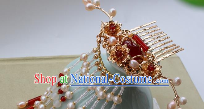 China Ancient Court Woman Agate Hairpin Hair Jewelry Traditional Ming Dynasty Empress Pearls Tassel Hair Comb