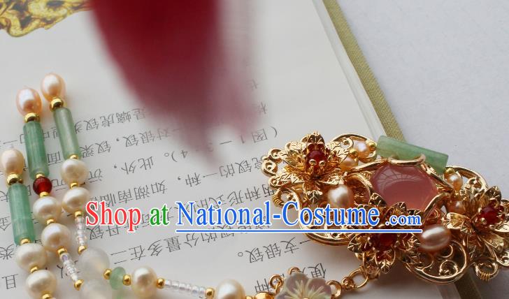 China Ancient Palace Lady Hairpin Traditional Ming Dynasty Princess Pearls Jade Tassel Hair Claw