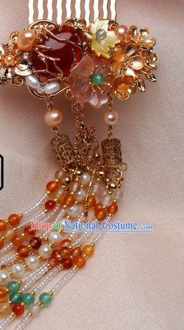 China Ancient Court Lady Agate Hairpin Headpiece Traditional Ming Dynasty Princess Beads Tassel Hair Comb