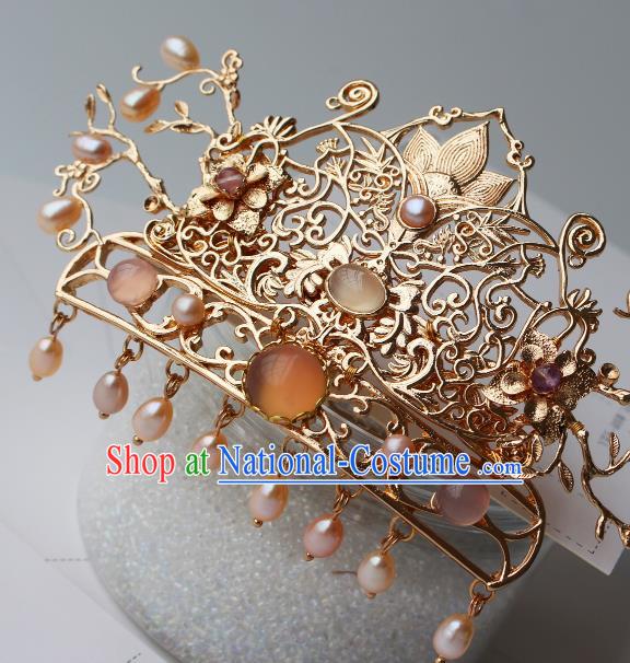 China Ancient Court Empress Pearls Headwear Traditional Tang Dynasty Queen Golden Lotus Hair Crown