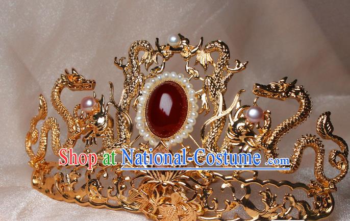 China Ancient Empress Pearls Headdress Hairpin Traditional Ming Dynasty Queen Golden Dragon Hair Crown