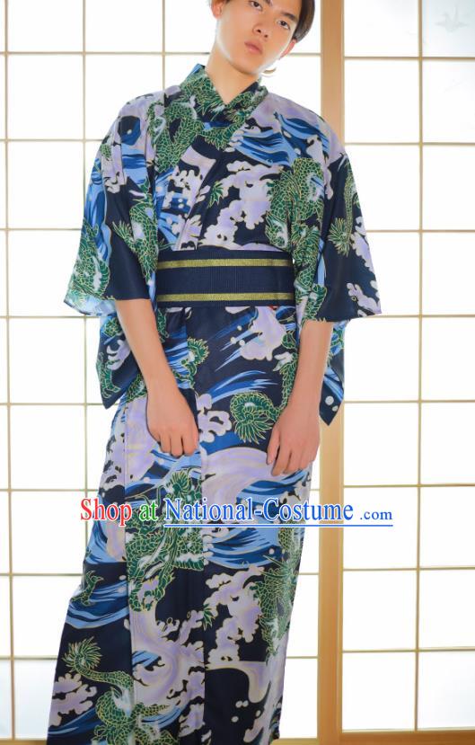 Asian Japan Traditional Printing Waves Navy Yukata Robe Japanese Male Clothing