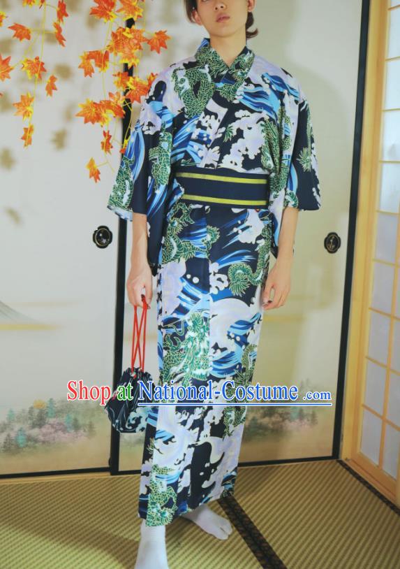 Asian Japan Traditional Printing Waves Navy Yukata Robe Japanese Male Clothing