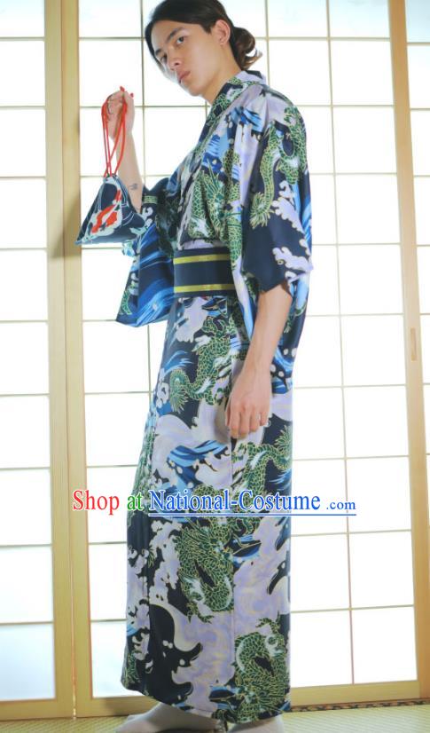 Asian Japan Traditional Printing Waves Navy Yukata Robe Japanese Male Clothing