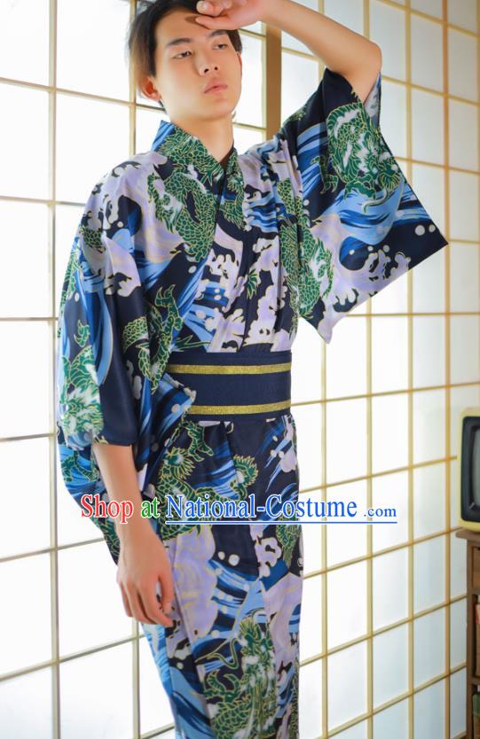 Asian Japan Traditional Printing Waves Navy Yukata Robe Japanese Male Clothing