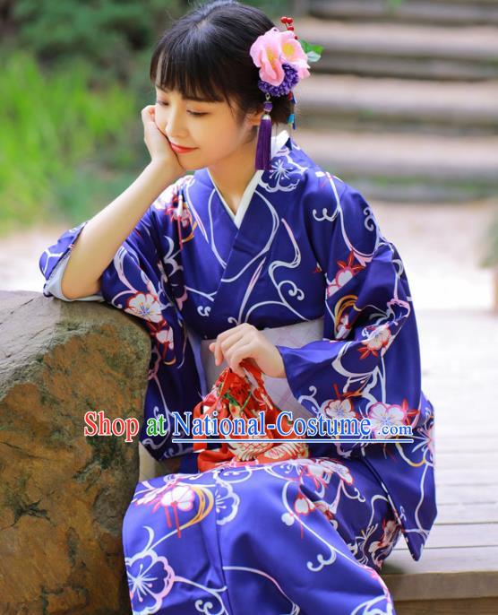 Asian Japan Printing Sakura Deep Blue Edo Komon Kimono Costume Japanese Traditional Young Lady Yukata Dress