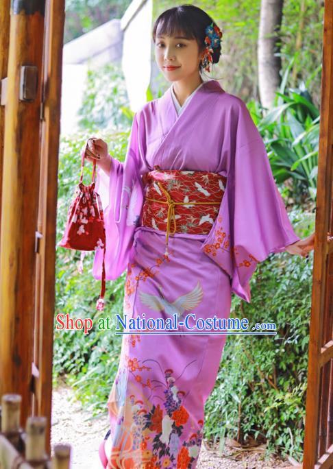 Japanese Traditional Young Lady Printing Crane Yukata Dress Asian Japan Lilac Edo Komon Kimono Costume