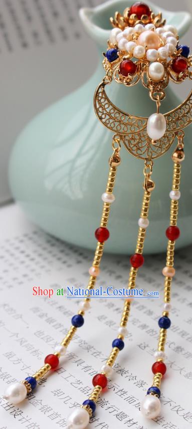 China Ancient Imperial Empress Hairpin Traditional Ming Dynasty Palace Lady Golden Beads Tassel Hair Stick