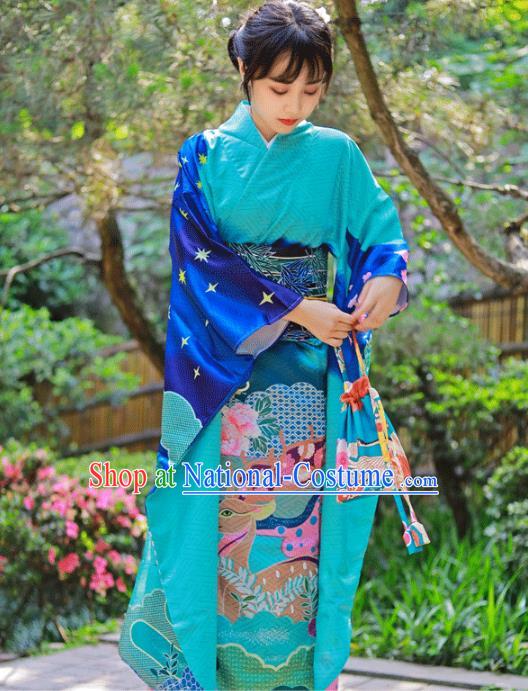 Asian Japan Wedding Bride Furisode Kimono Costume Japanese Traditional Summer Festival Blue Yukata Dress