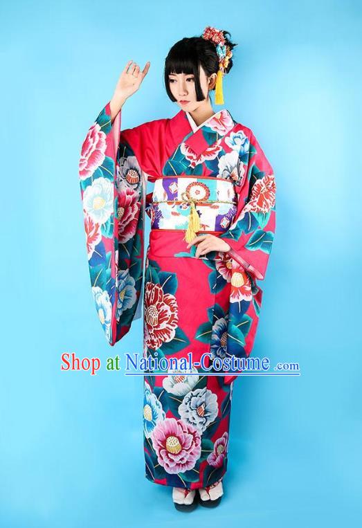 Asian Japan Printing Camellia Furisode Kimono Costume Japanese Traditional Wedding Bride Pink Satin Yukata Dress