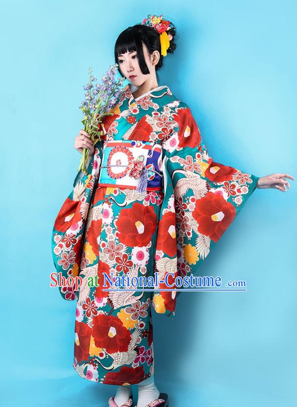 Japanese Traditional Wedding Bride Green Satin Yukata Dress Asian Japan Printing Camellia Furisode Kimono Costume