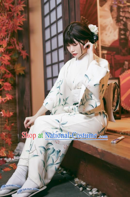 Asian Japan Printing Pear Blossom Kimono Dress Japanese Traditional Female Yukata Costumes