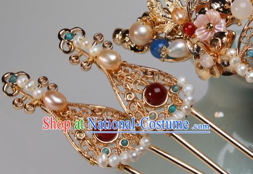 China Ancient Court Princess Pearls Hairpin Traditional Tang Dynasty Palace Lady Golden Lute Hair Stick