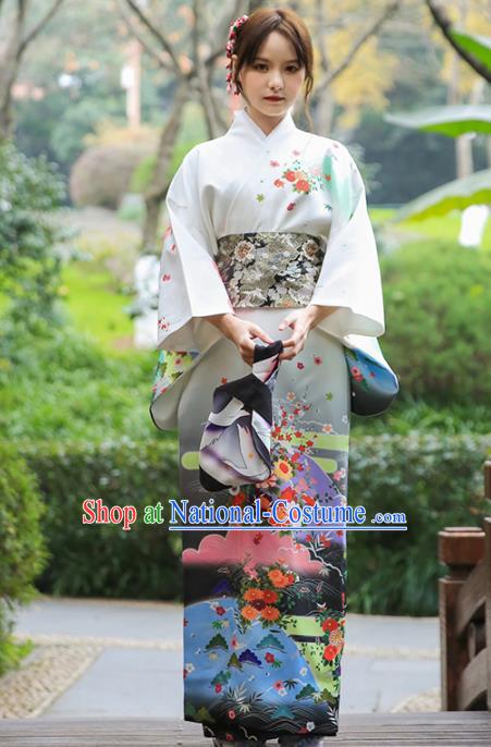 Asian Japan Printing Chrysanthemum Homongi Kimono Japanese Traditional Yukata Dress Costume