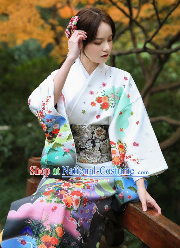 Asian Japan Printing Chrysanthemum Homongi Kimono Japanese Traditional Yukata Dress Costume