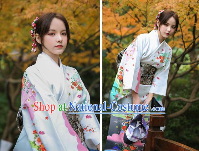 Asian Japan Printing Chrysanthemum Homongi Kimono Japanese Traditional Yukata Dress Costume