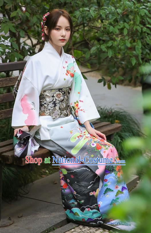 Asian Japan Printing Chrysanthemum Homongi Kimono Japanese Traditional Yukata Dress Costume