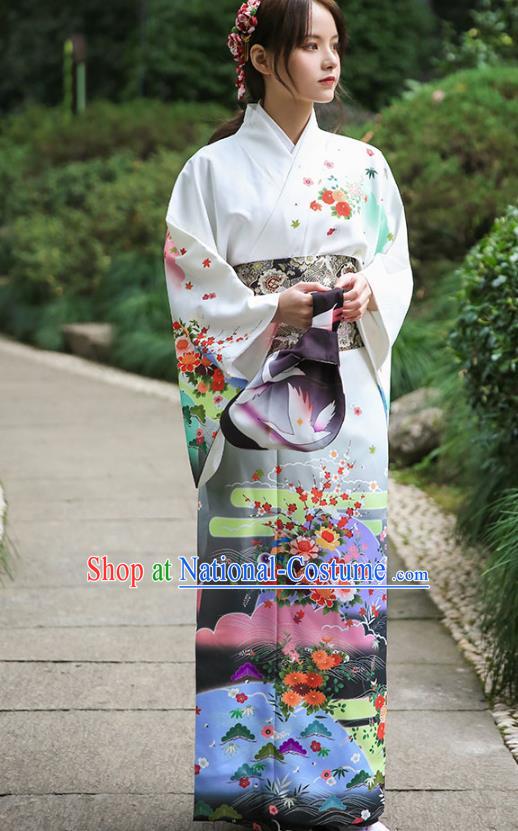 Asian Japan Printing Chrysanthemum Homongi Kimono Japanese Traditional Yukata Dress Costume