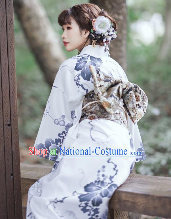 Asian Japan Young Lady Kimono Dress Japanese Traditional Printing White Yukata Costume