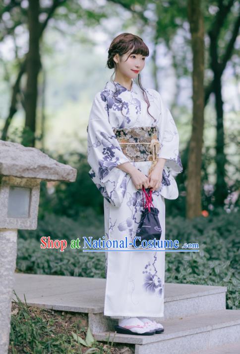 Asian Japan Young Lady Kimono Dress Japanese Traditional Printing White Yukata Costume