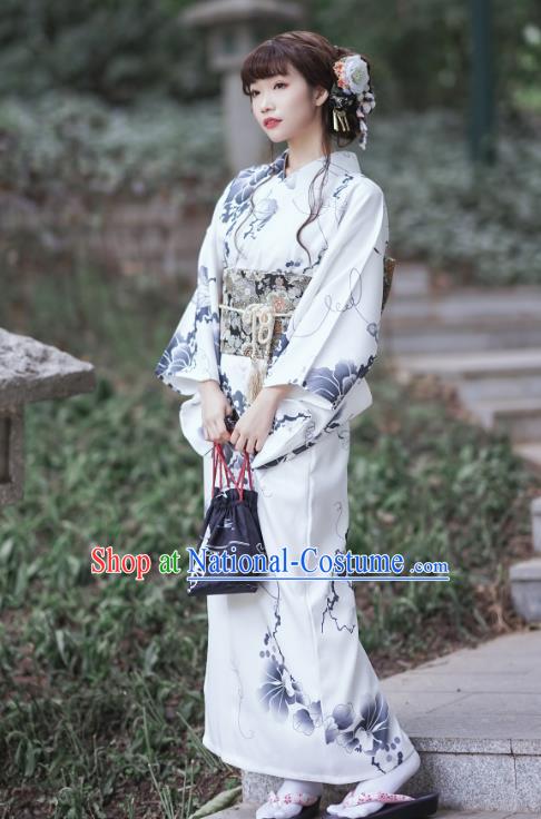 Asian Japan Young Lady Kimono Dress Japanese Traditional Printing White Yukata Costume