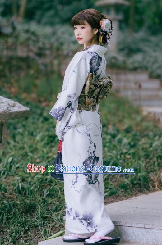 Asian Japan Young Lady Kimono Dress Japanese Traditional Printing White Yukata Costume