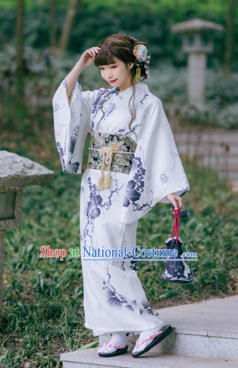 Asian Japan Young Lady Kimono Dress Japanese Traditional Printing White Yukata Costume