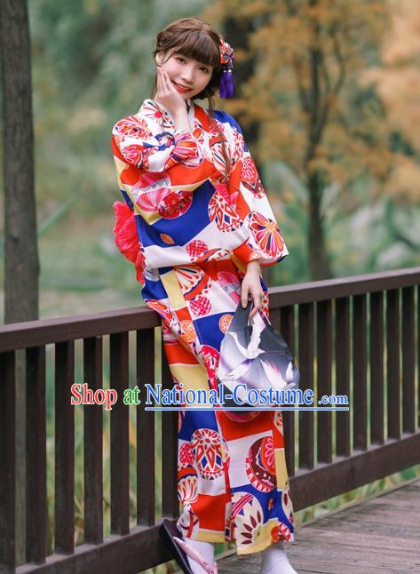 Japanese Traditional Printing Red Yukata Costume Asian Japan Young Lady Kimono Dress