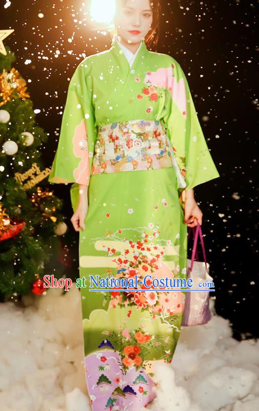 Asian Japan Printing Green Kimono Dress Japanese Traditional Young Woman Yukata Costume