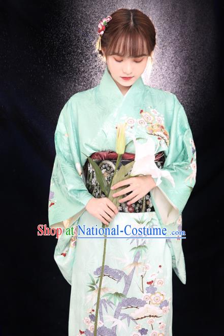 Asian Japan Light Green Tomesode Kimono Costume Japanese Traditional Young Lady Printing Plum Bamboo Yukata Dress