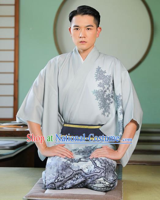 Asian Japan Traditional Printing Grey Yukata Robe Japanese Cosplay Samurai Clothing for Men