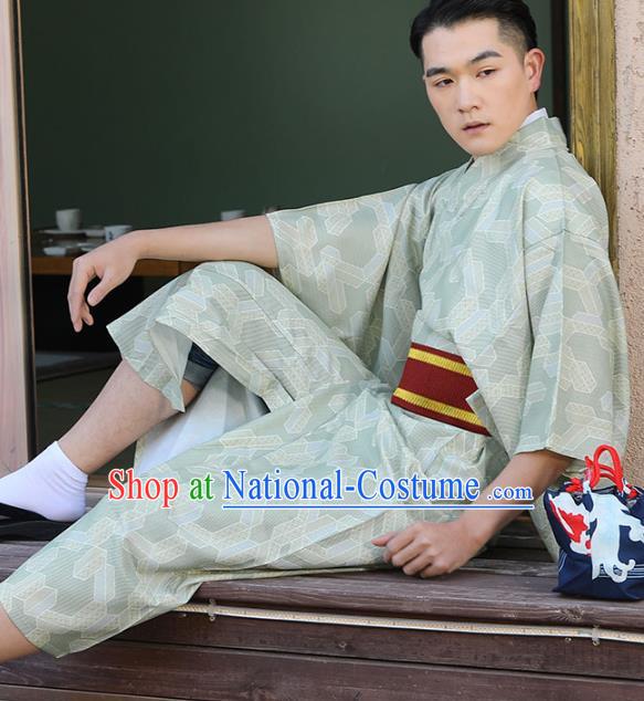 Japanese Male Clothing Asian Japan Traditional Printing Light Green Yukata Robe