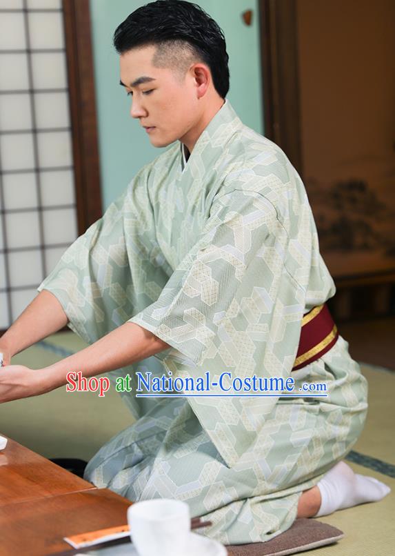 Japanese Male Clothing Asian Japan Traditional Printing Light Green Yukata Robe