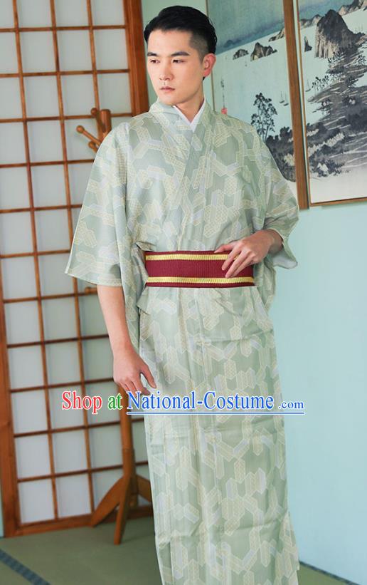 Japanese Male Clothing Asian Japan Traditional Printing Light Green Yukata Robe