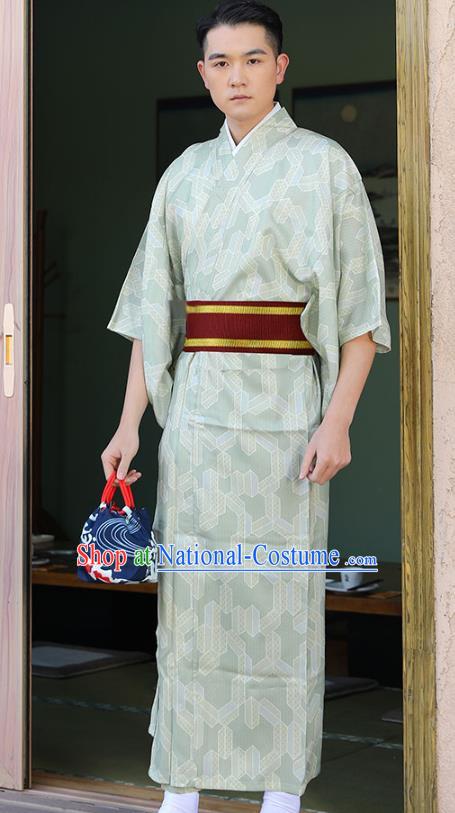 Japanese Male Clothing Asian Japan Traditional Printing Light Green Yukata Robe