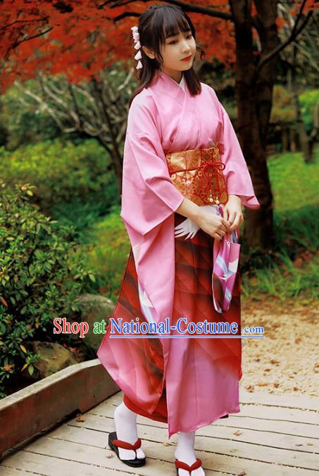 Asian Japan Pink Furisode Kimono Costume Japanese Traditional Summer Festival Printing Crane Yukata Dress