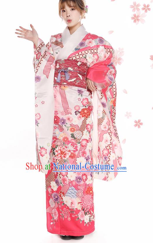 Asian Japan Hanabi Taikai Furisode Kimono Costume Japanese Traditional Printing Peony Pink Yukata Dress