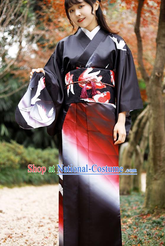 Asian Japan Woman Kurotomesode Kimono Costume Japanese Traditional Printing Crane Black Yukata Dress