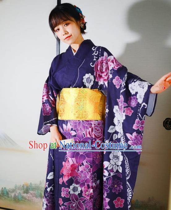 Asian Japan Middle Age Woman Furisode Kimono Costume Japanese Traditional Printing Flowers Purple Yukata Dress