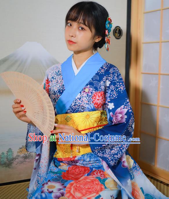 Asian Japan Printing Flowers Blue Furisode Kimono Costume Japanese Traditional Festival Young Lady Yukata Dress