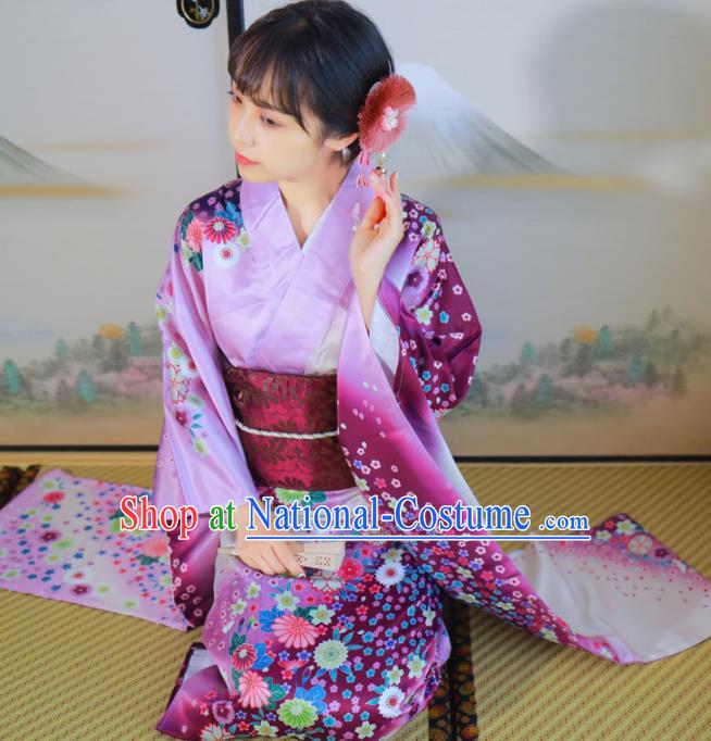 Asian Japan Printing Sakura Purple Satin Furisode Kimono Costume Japanese Traditional Wedding Bride Yukata Dress